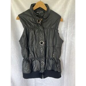 Vtg Genuine Leather Puffer Vest Black Quilted Moto Streetwear 90s Y2K Euro 46